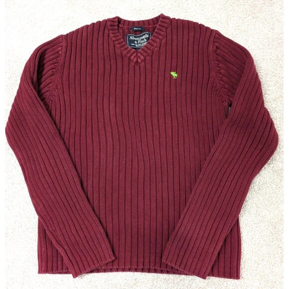 Abercrombie & Fitch Mens Muscle Sweater Large Burgundy Ribbed Y2K Preppy V-Neck - Picture 1 of 8